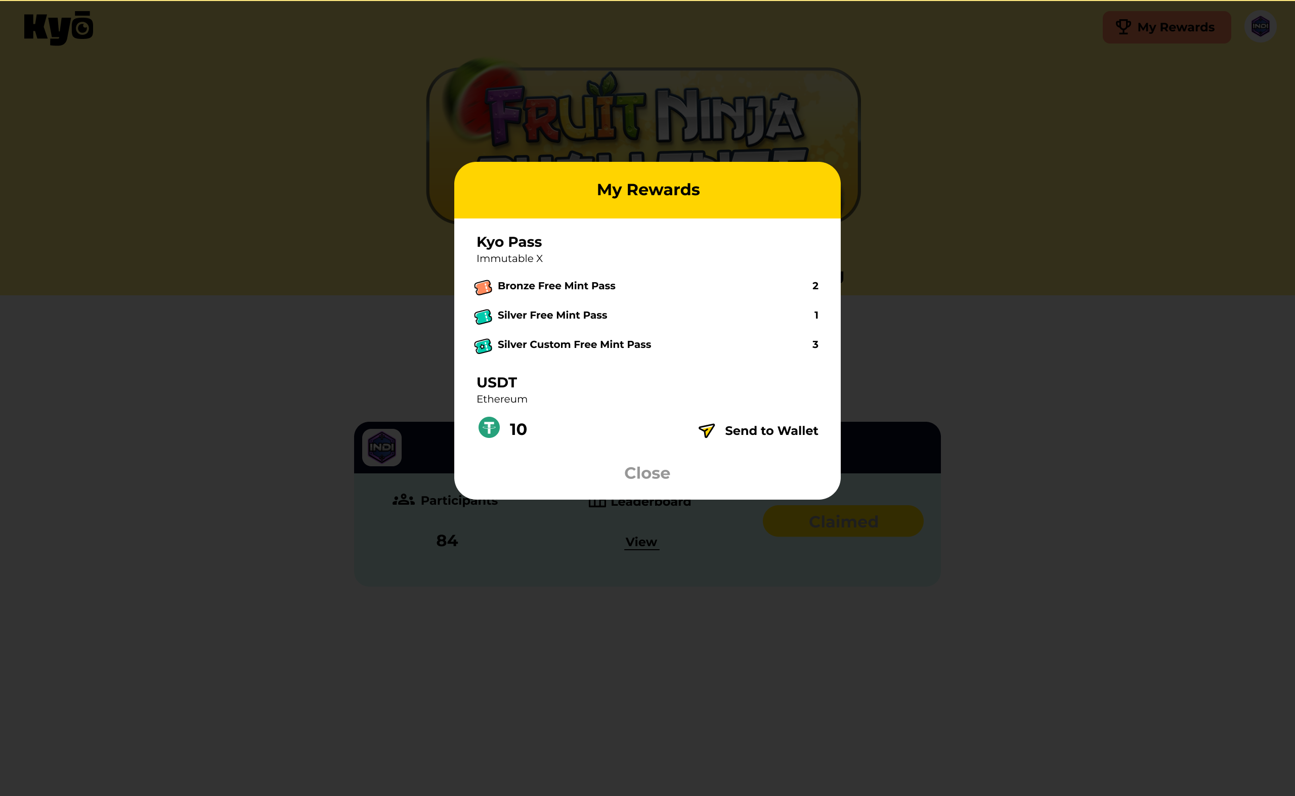 My Rewards modal - Kyo Pass NFTs and USDT with Send to Wallet