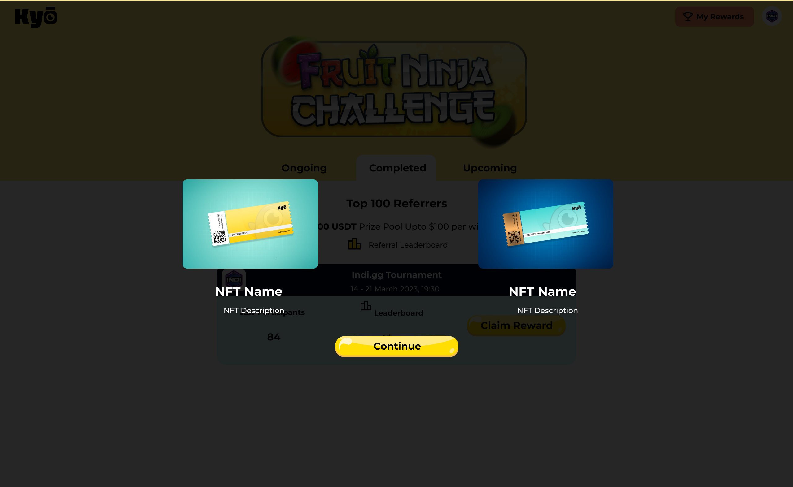 Reward claim with NFT reveal, prize tickets, and Continue