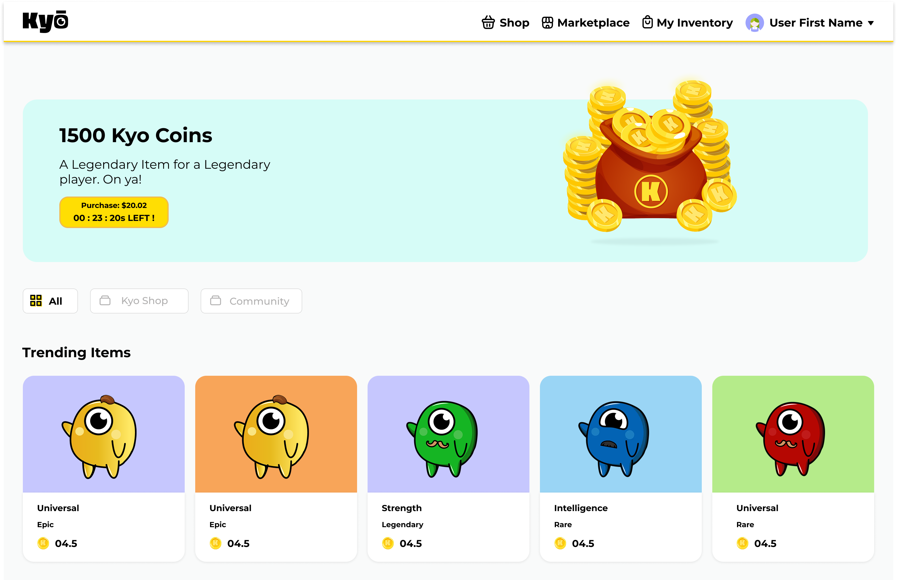 Shop with 1500 Kyo Coins hero and Trending Items grid by rarity