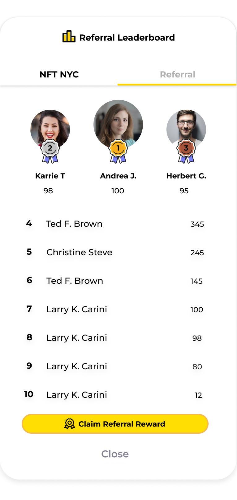 Referral leaderboard modal with top-3 podium and ranked list with Claim Referral Reward