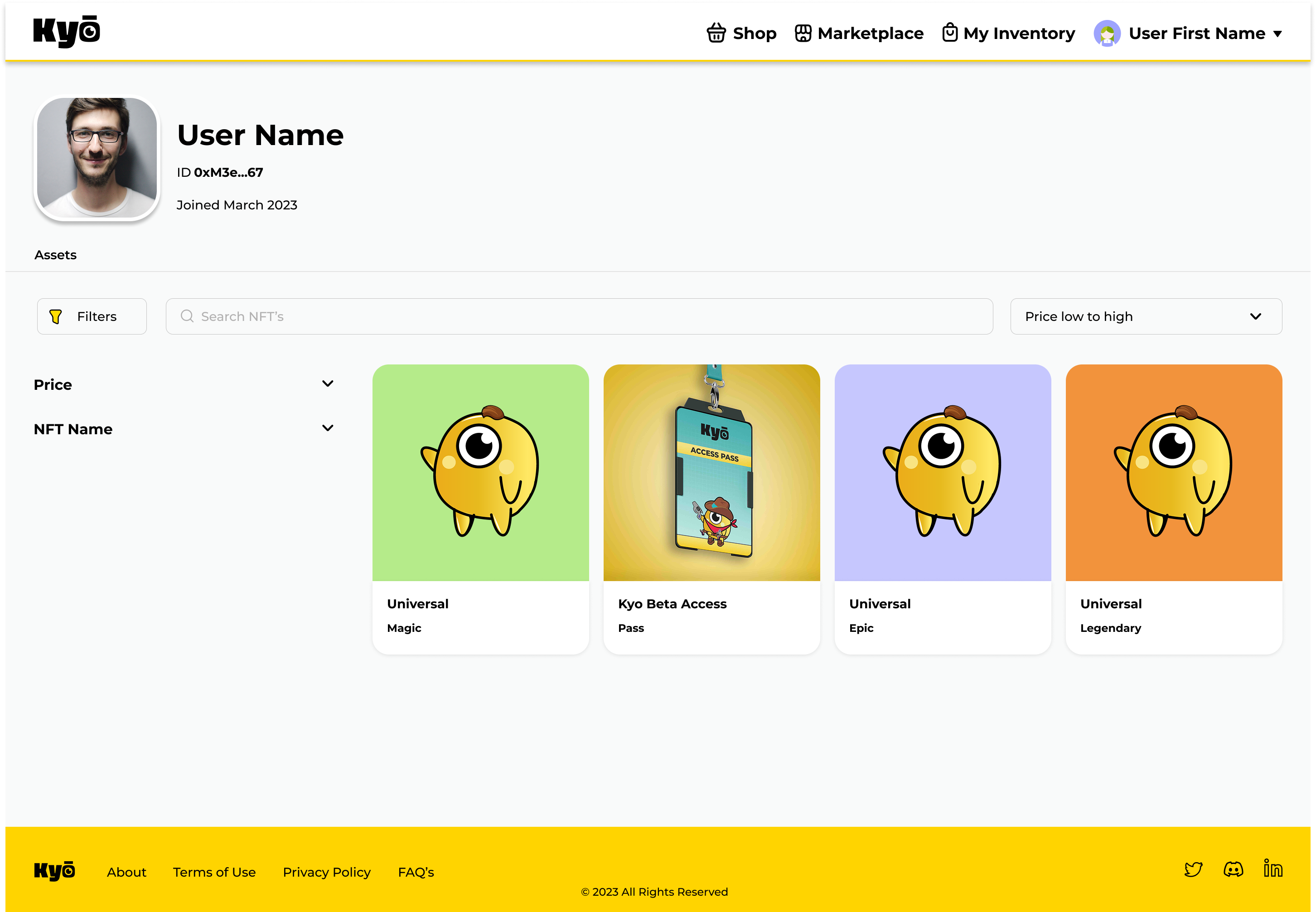 User profile with owned NFT inventory, filters, search, and Kyo Beta Access pass