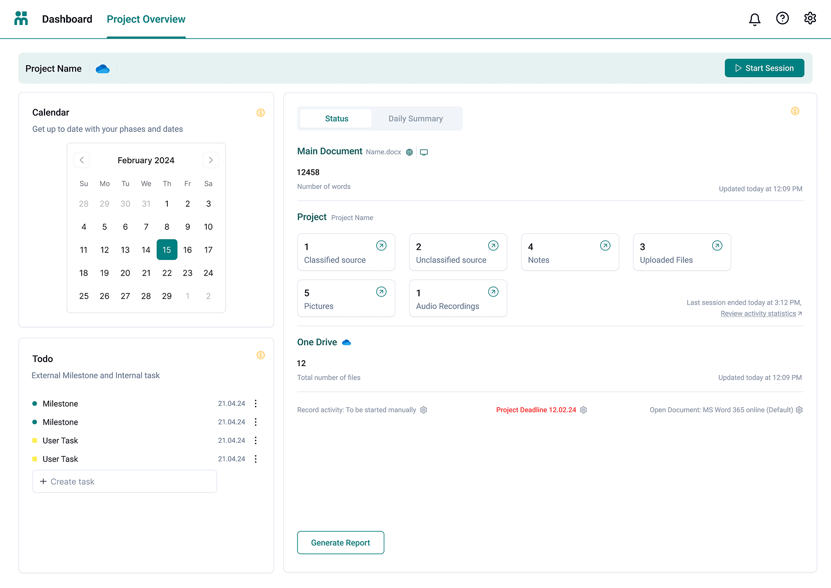 Mentafy project-overview dashboard with calendar, todo, document status, and source breakdown