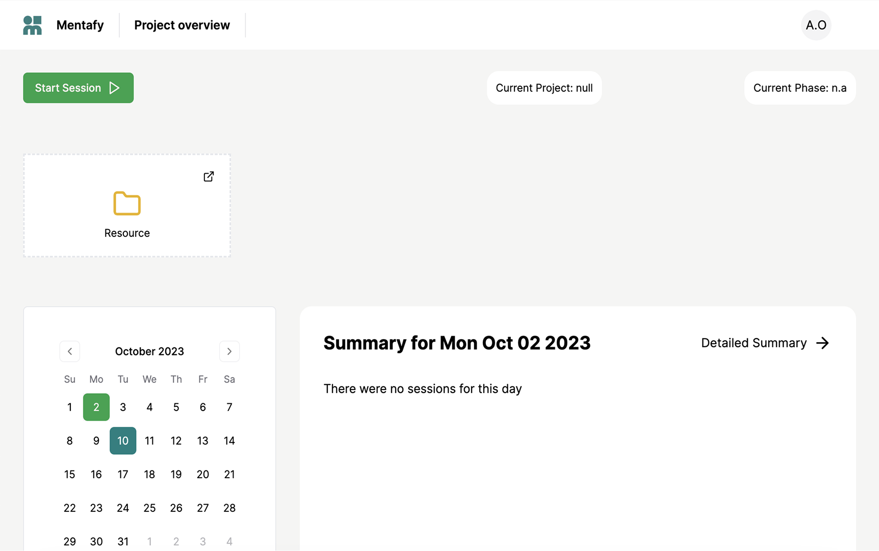 Old Mentafy project overview with Start Session, Current Project: null, lone Resource folder, calendar with no sessions