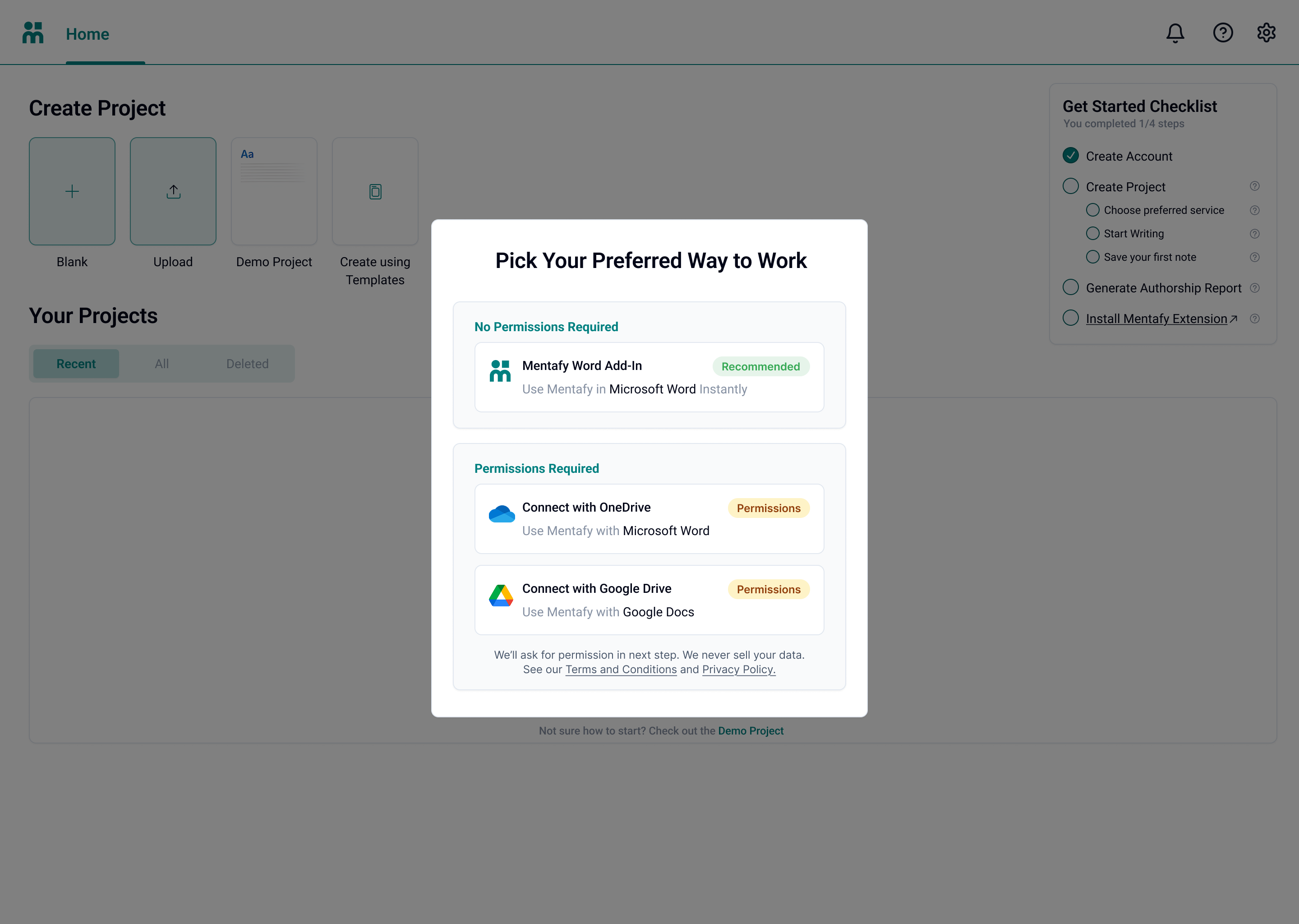 Pick Your Preferred Way to Work modal with Mentafy Word Add-In recommended, plus optional OneDrive and Google Drive connections