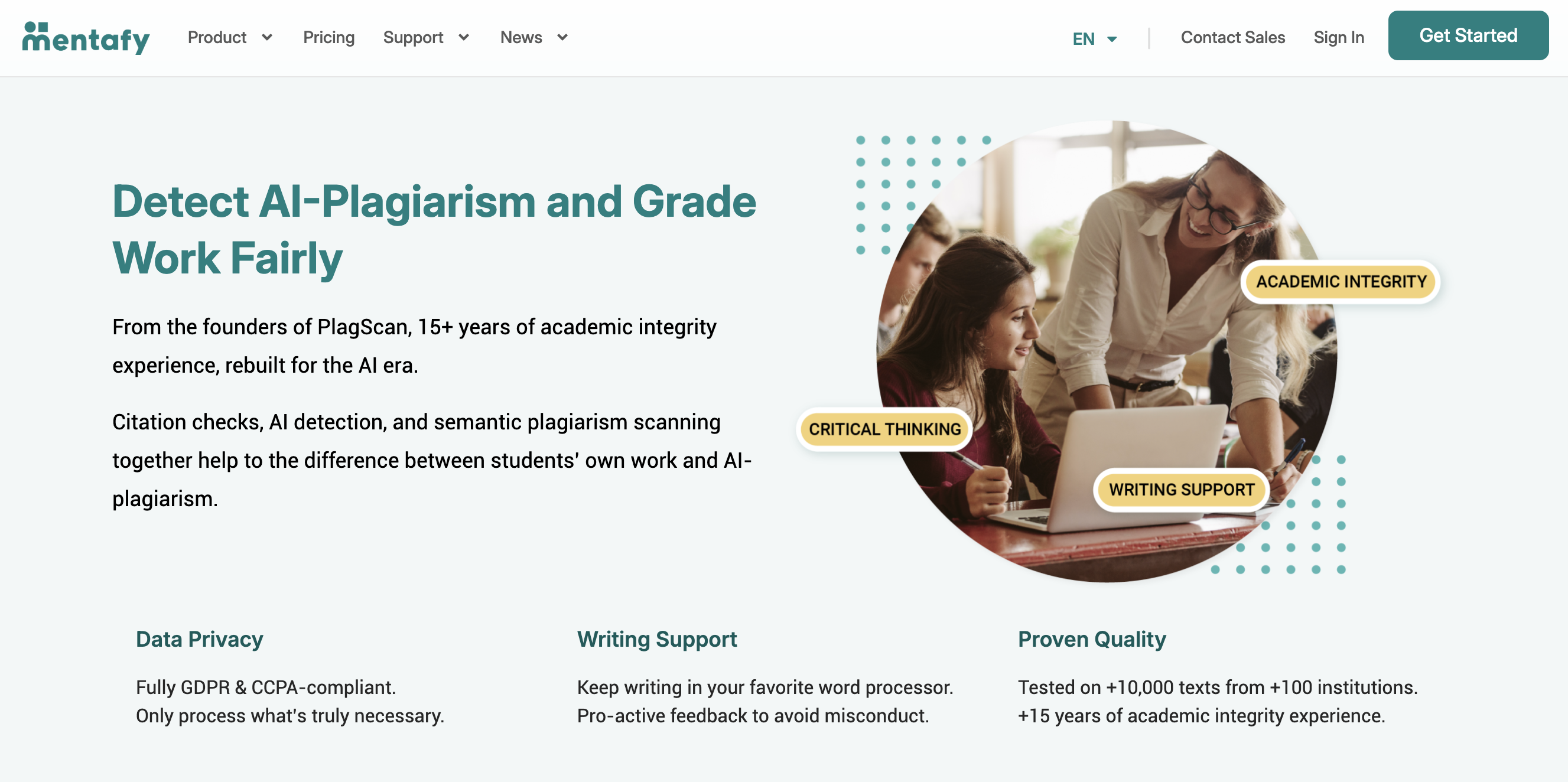 Mentafy marketing homepage: Detect AI-Plagiarism and Grade Work Fairly